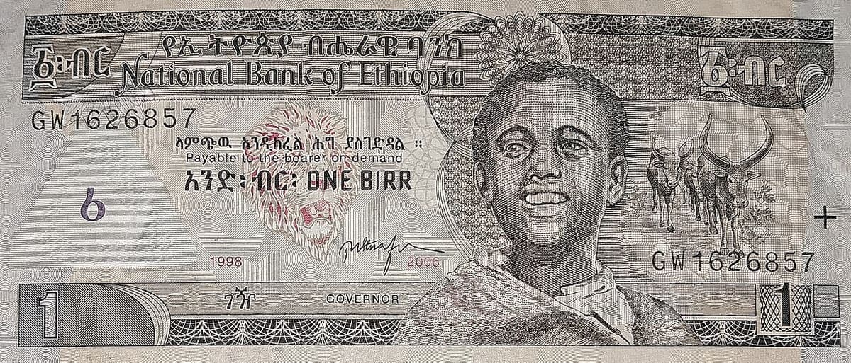 One-birr Ethiopian banknote with Amharic fidel text across the top and centre, a printed serial number, and a portrait of a young man on the right
