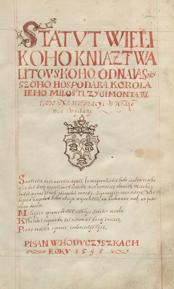 Manuscript title page with a large red decorated initial, ornate red capitals spelling STATVT WIELIKOHO KNIAZTWA LITOVSKOHO, and a coat of arms drawn in ink