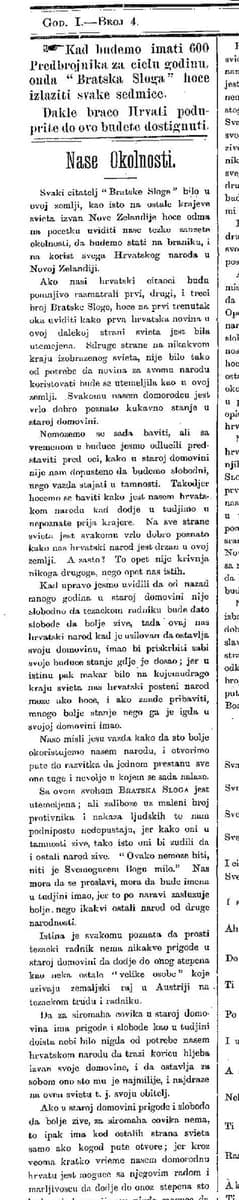 Cropped left column of an 1899 Croatian-language newspaper page from Auckland, dense Latin type without Croatian diacritics, under a short notice and one headline