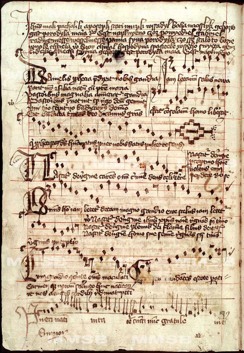 Manuscript page with chant on red four-line staves, Czech text written across the top and Latin verses under the notes