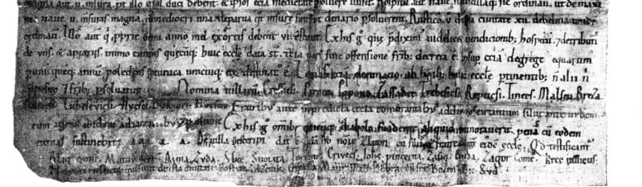 Lower half of the Litoměřice chapter foundation charter, closely written Caroline minuscule with a list of village names and witnesses