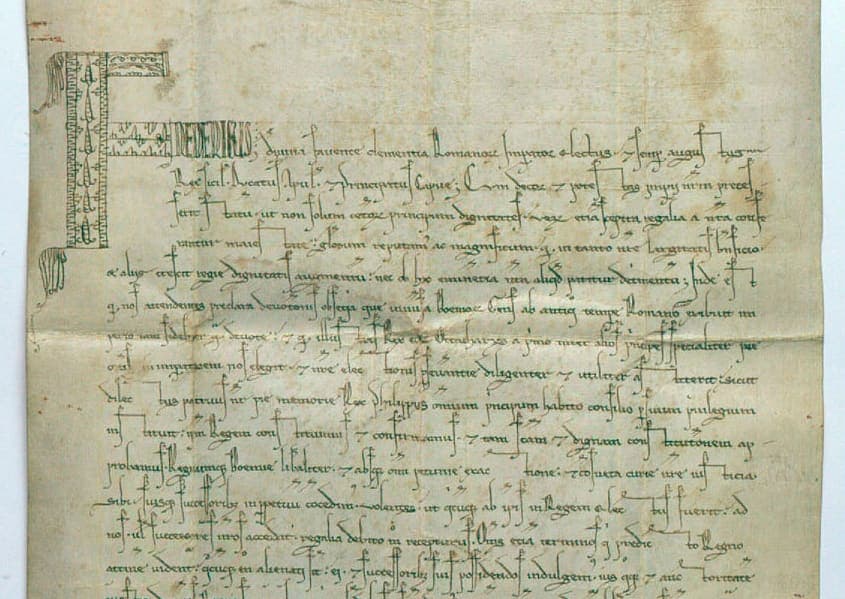 Upper text block of the Golden Bull of Sicily, with a large decorated F and lines of pointed thirteenth-century charter script