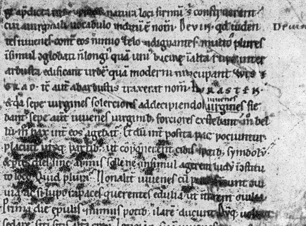 Upper half of a stained manuscript page of Cosmas’s Chronicle of the Czechs, with spaced capitals reading WISSEGRAD and CHRASTEN in the text