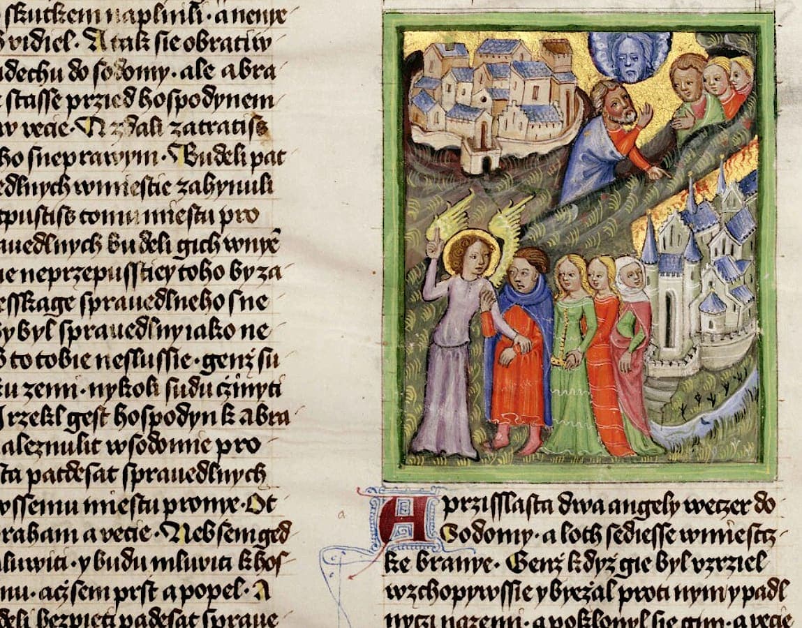 Column of Old Czech Gothic text beside a framed miniature of an angel leading Lot out of Sodom, with a red initial beginning the next chapter below