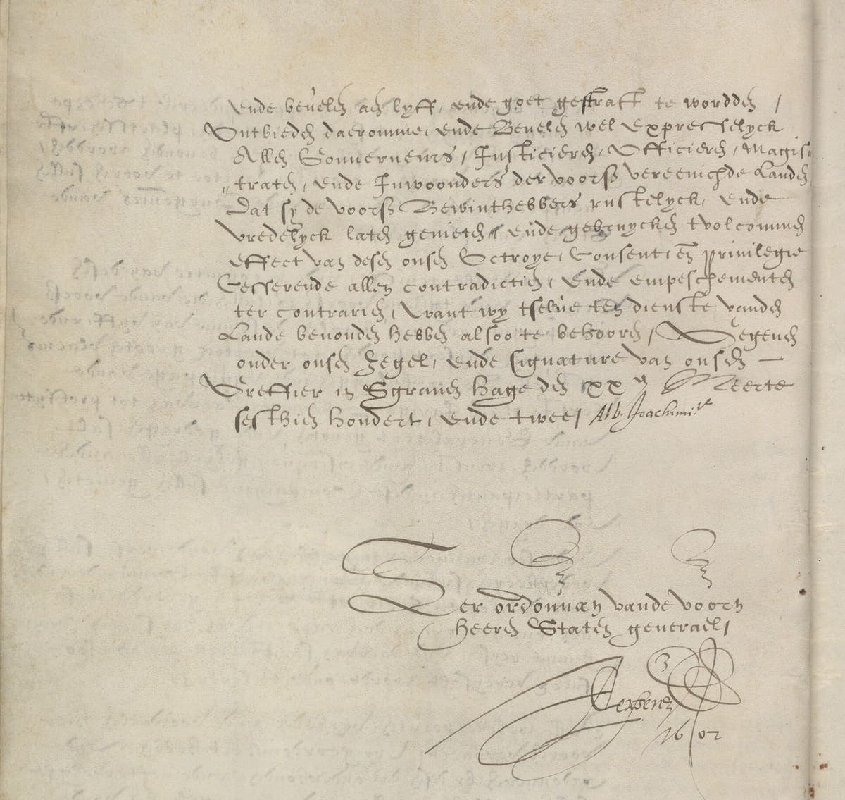 Closing page of a vellum charter: a short paragraph of chancery writing above a clerk’s subscription and an elaborate signature