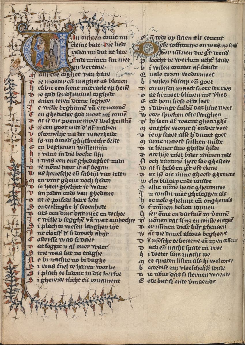 Folio 47v of KB 76 E 5 with the opening of Beatrijs in two columns of textualis, a historiated initial of the nun before the Virgin and a foliate border