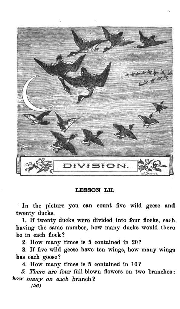 A printed page from a Victorian primary arithmetic with a wood engraving of ducks and geese above a lesson heading and five numbered questions