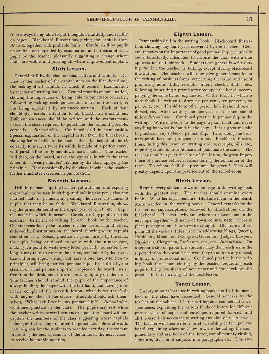 A tinted two-column page headed Self-Instructor in Penmanship, with lesson headings centred in each column