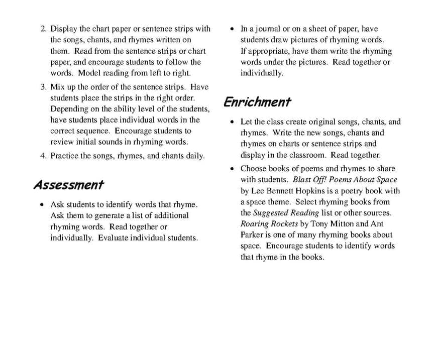 A modern educator’s guide page in two columns with numbered steps, bulleted lists and the headings Assessment and Enrichment