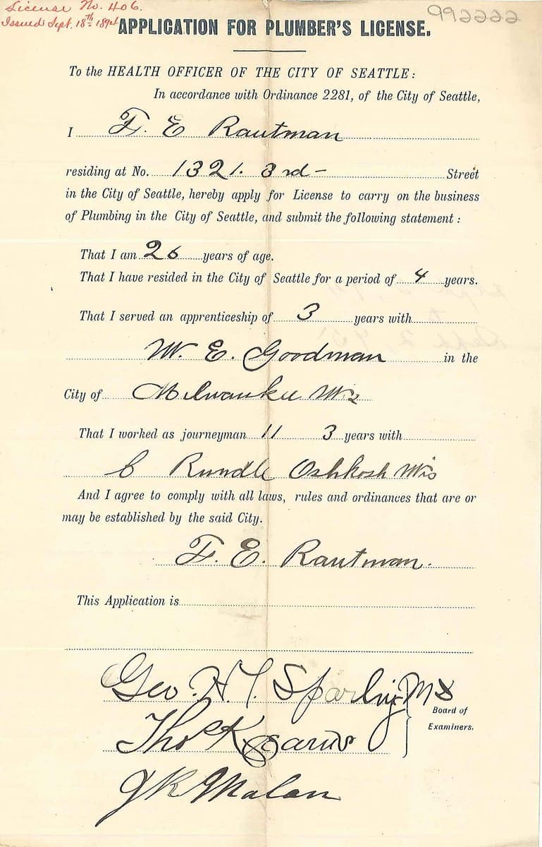 An 1894 printed application for a plumber’s licence in Seattle, completed in ink, with a red annotation added at the top left