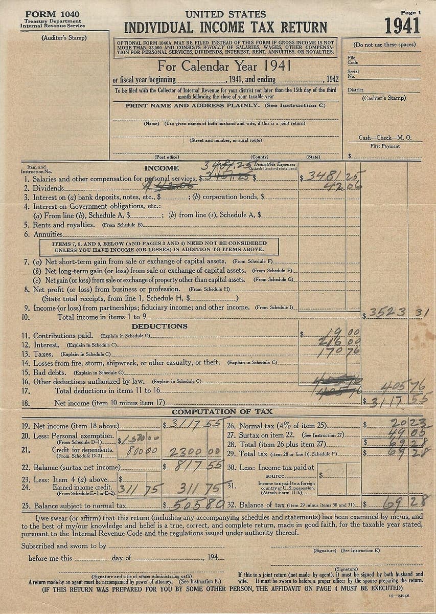 A partly completed 1941 United States individual income tax return, with pencil amounts in dollars-and-cents columns and four figures crossed out