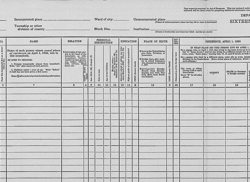 Detail of a blank 1940 United States census population schedule showing multi-level column headings in very small type above rows of blank ruling