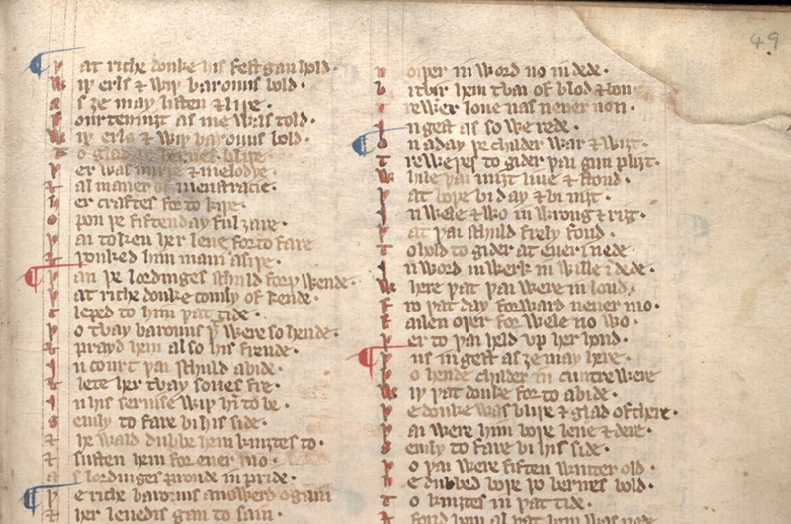 Two columns of Middle English verse in the Auchinleck manuscript, with the initial letter of every line set off in its own narrow column and red pilcrows