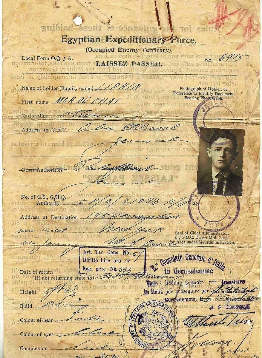 A creased 1920 travel permit with printed field labels, handwritten entries, a portrait photograph and several violet rubber stamps