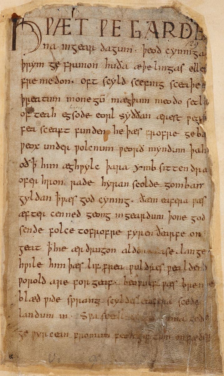First folio of the Beowulf manuscript, Cotton MS Vitellius A XV f. 132r, Old English square minuscule with the opening HWÆT WE GARDE in capitals