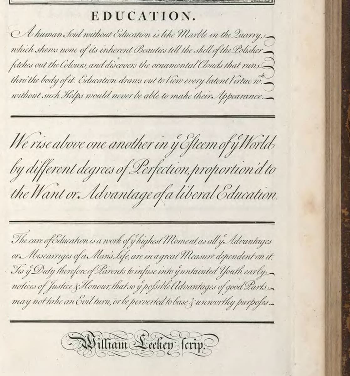 An engraved copybook plate headed EDUCATION with three sizes of sloped round hand and the penman’s signature beneath