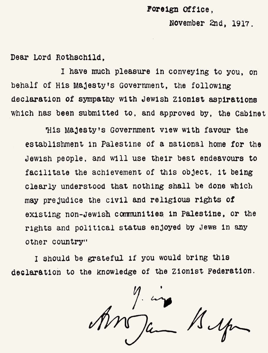 The typed Balfour Declaration on Foreign Office paper, dated 2 November 1917, signed in ink at the foot