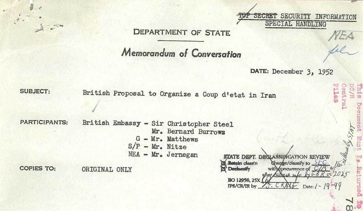 The head of a 1952 US State Department memorandum of conversation, with a classification banner, a red stamp printed sideways and a declassification review panel