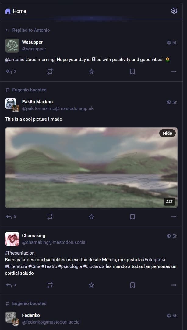 The centre column of a dark-mode Mastodon web timeline, showing posts with display names, handles, relative timestamps and action counts