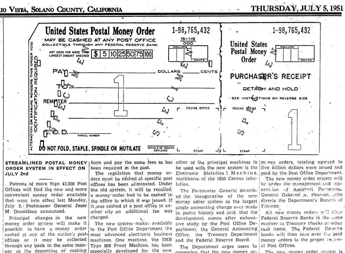 A 1951 newspaper page with a facsimile money order overprinted SPECIMEN above four narrow columns of news type