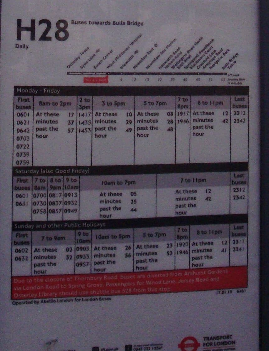 A London bus timetable panel behind glass, with rows for weekdays, Saturdays and Sundays and columns for parts of the day