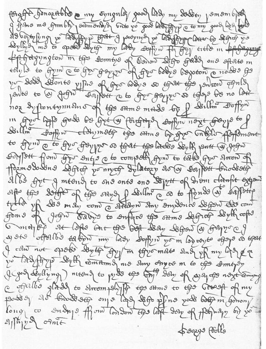 A closely written page of Henrician secretary hand, many lines ending in a long horizontal stroke, signed at the foot