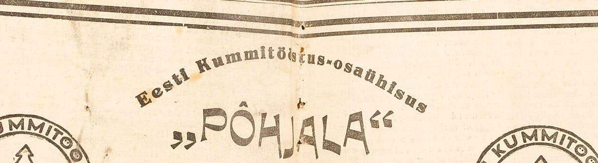 Cropped front-page advertisement from a 1934 Estonian newspaper with the words Eesti Kummitööstus-osaühisus Põhjala, the O of Põhjala carrying a circumflex