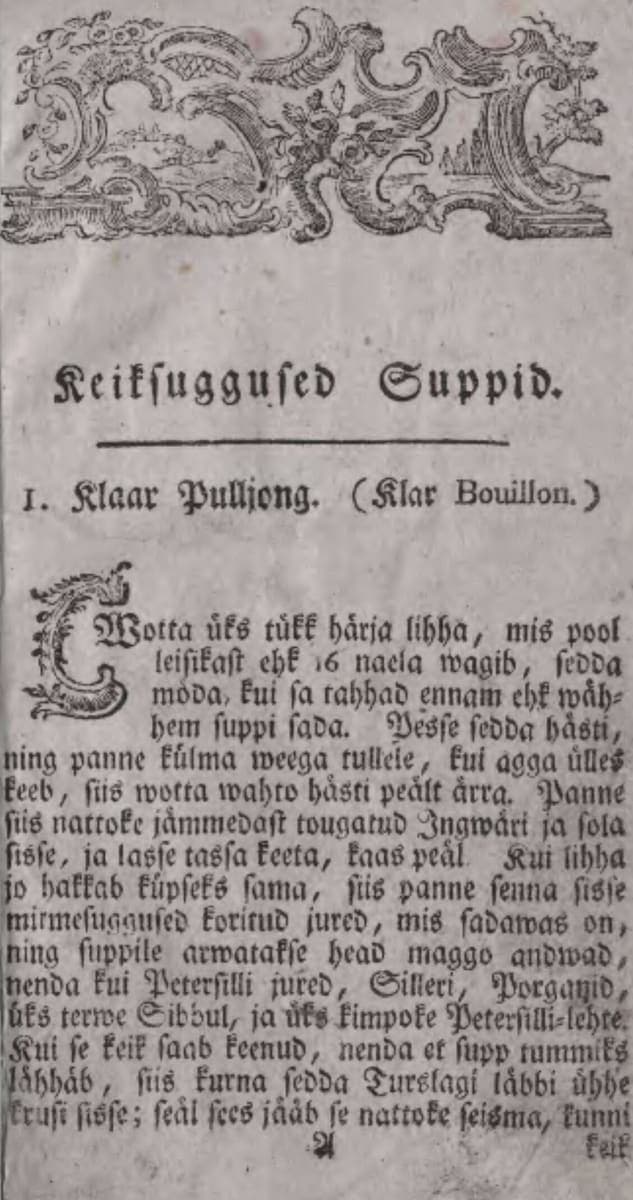 Eighteenth-century book page with an engraved rococo headpiece above a Fraktur chapter heading, a numbered recipe title and a decorated initial starting the text