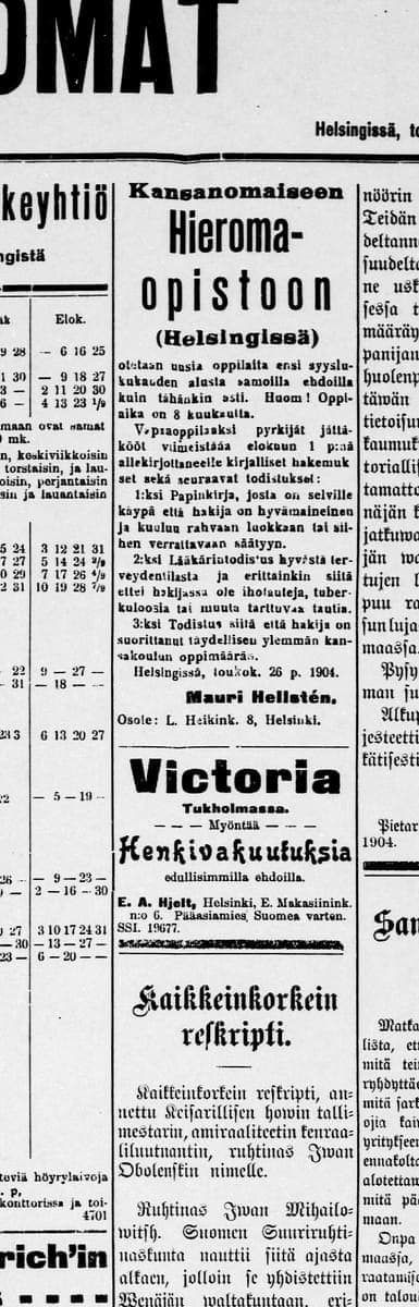 Advertisement column from the front page of Helsingin Sanomat in 1904 with a long compound-word heading
