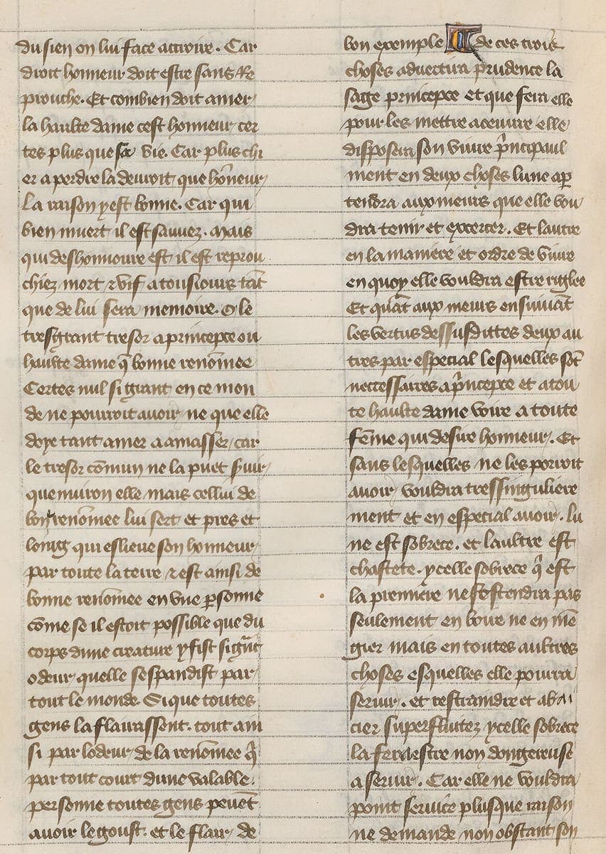 Two ruled columns of an even fifteenth-century French book cursive on parchment, with a small burnished gold paragraph mark opening a new section in the right column