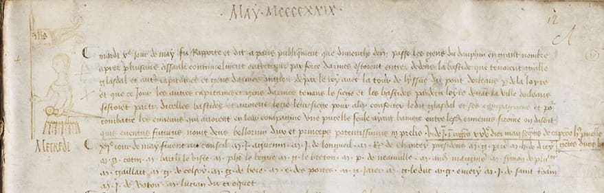 The head of a register page dated May 1429, with a small pen sketch of a woman holding a sword and a banner drawn in the margin beside the first entry