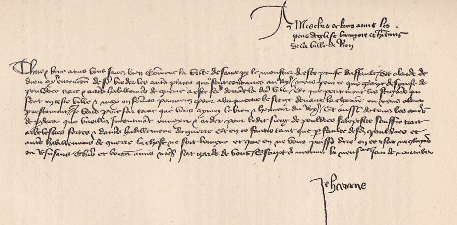 A short letter on paper in a looping fifteenth-century cursive, with a three-line address in the upper right and a large unsteady signature reading Jehanne below