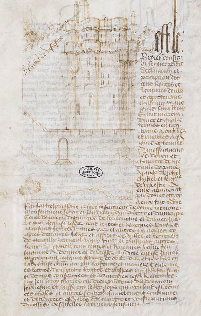 The first page of a paper register with a pen drawing of a turreted castle, a narrow column of headings beside it and a block of running cursive below