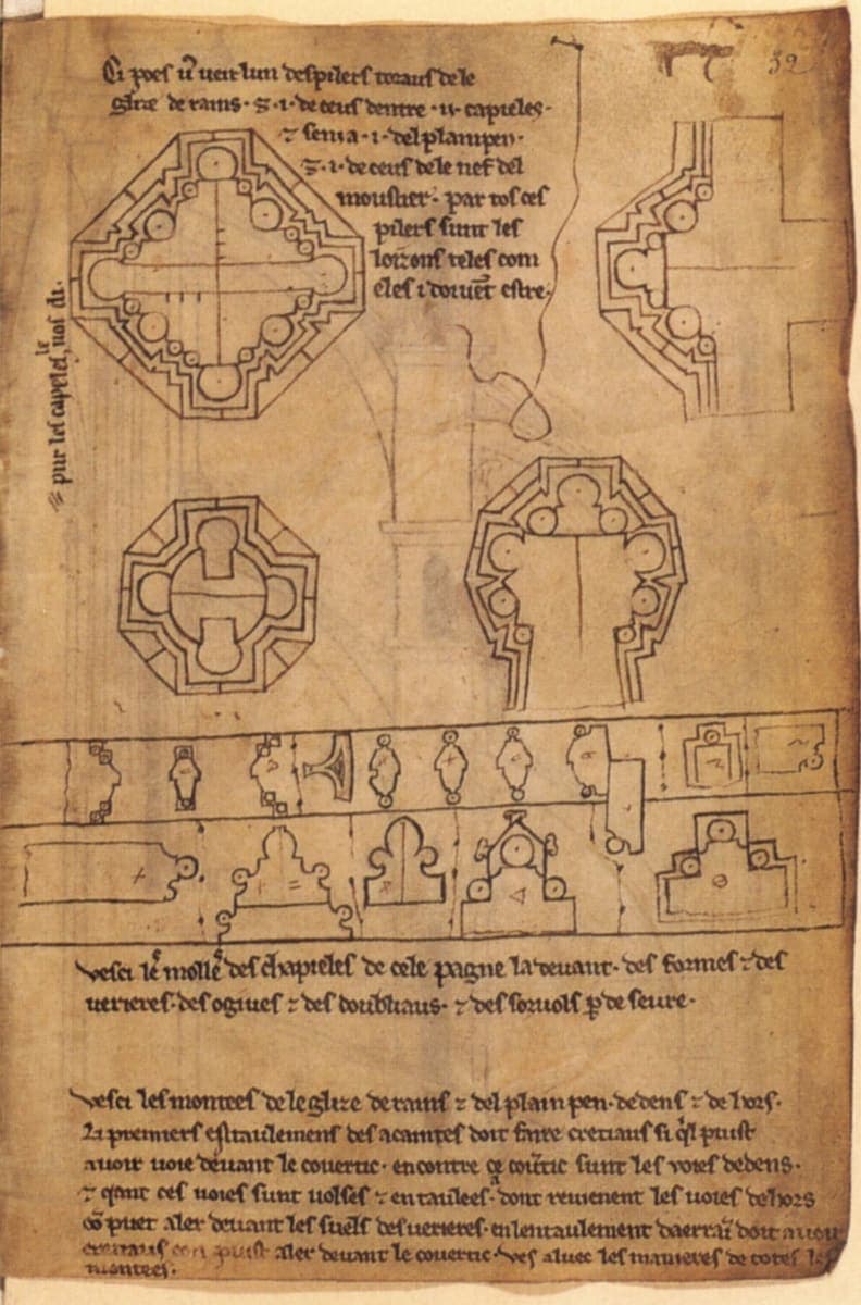 A parchment leaf of Villard de Honnecourt’s album with geometric pier plans and moulding profiles drawn in ink, surrounded by Picard French captions in a small thirteenth-century Gothic hand