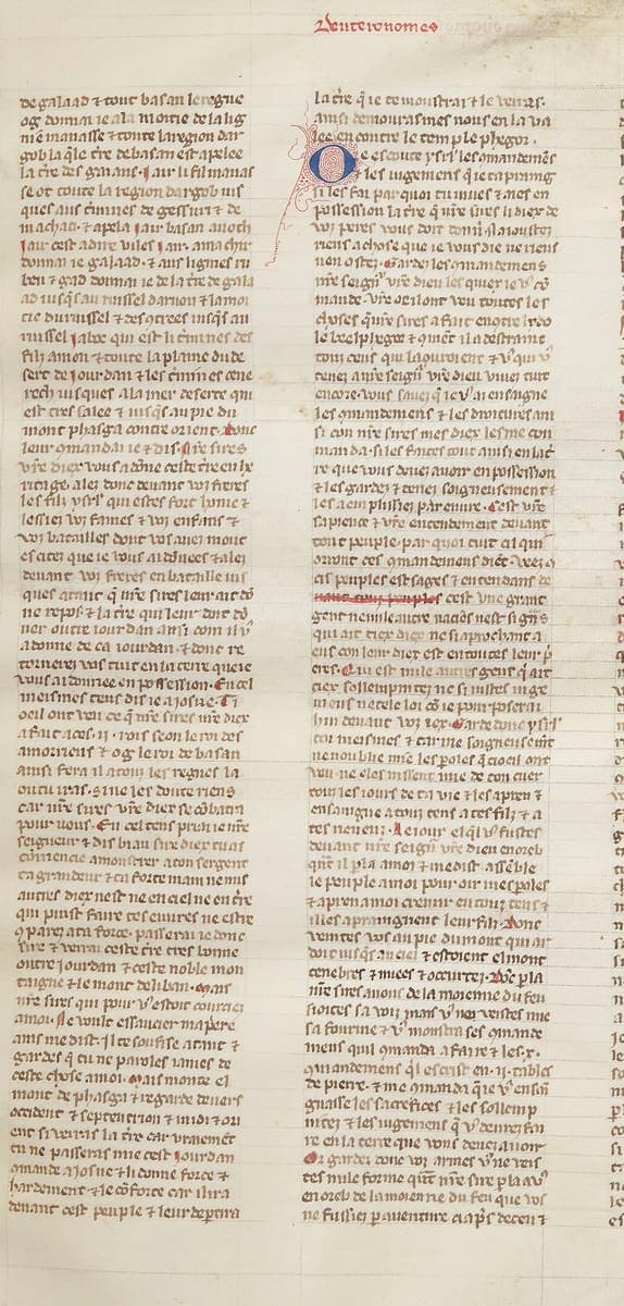 Two columns of small dense Gothic script on parchment with a red running title reading Deuteronomes and a blue initial with red penwork