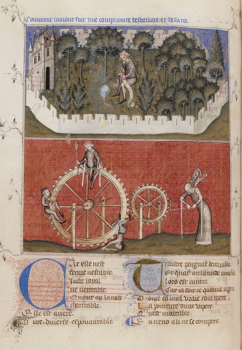 A manuscript leaf with a red rubric across the top, two framed miniatures — a walled park with a seated man among the trees, and crowned and tumbling figures on Fortune’s geared wheels — and two columns of French verse below