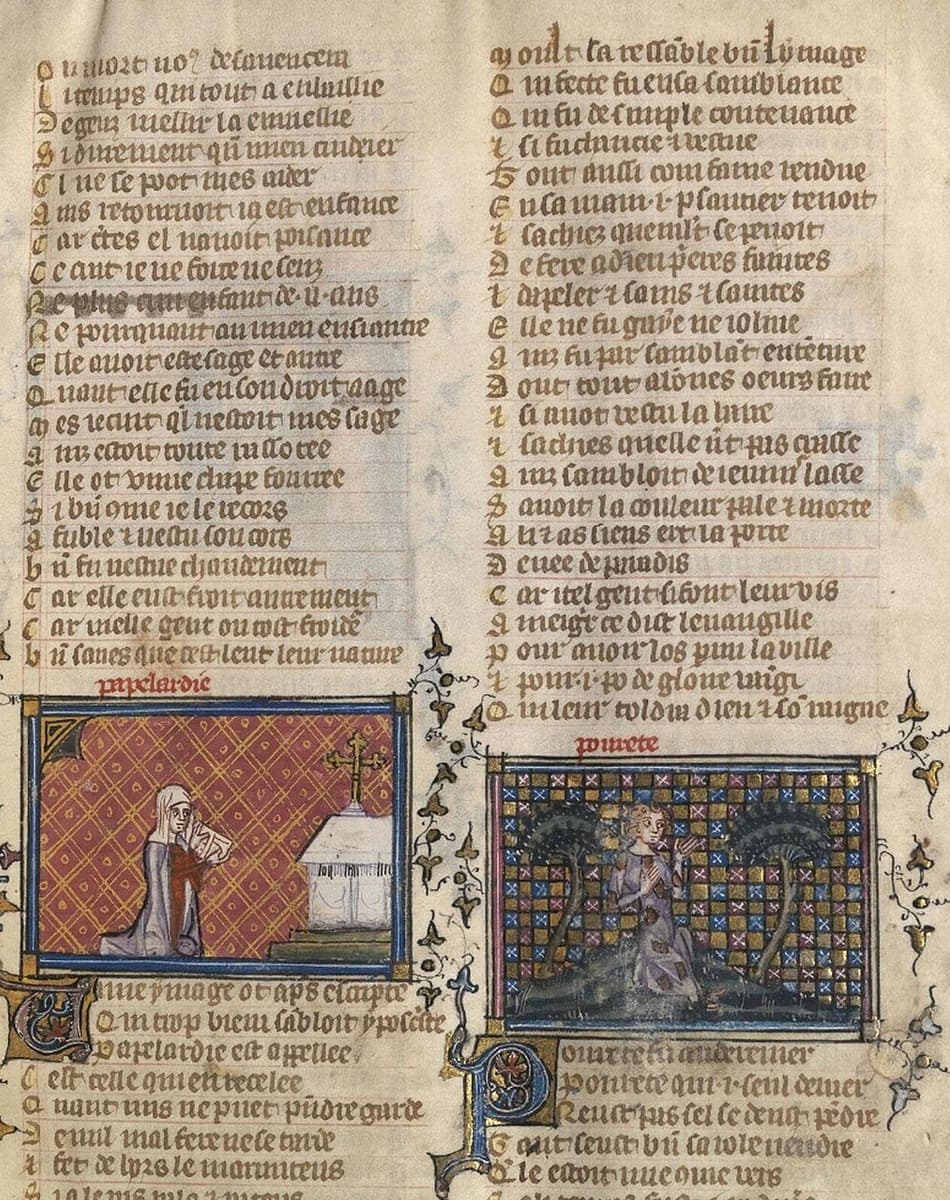 A leaf of the Roman de la Rose with two columns of French verse in Gothic script above two framed miniatures of Hypocrisy and Poverty, each labelled in red