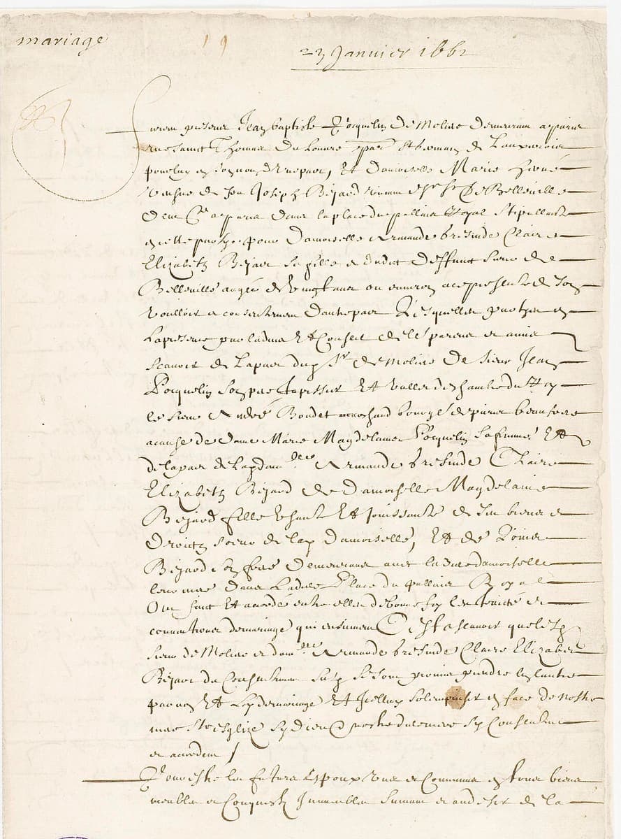 The first page of a notarial minute on paper, headed with a date, written in a sloping hand whose lines all end in long ruled dashes, with a large looping paraph in the left margin