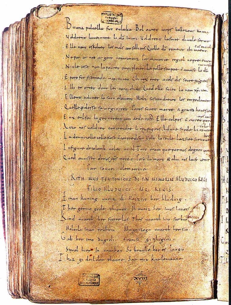 Folio 141v of Valenciennes MS 150: the Old French Séquence de sainte Eulalie in Caroline minuscule, followed by the rubric and opening of the Old High German Ludwigslied