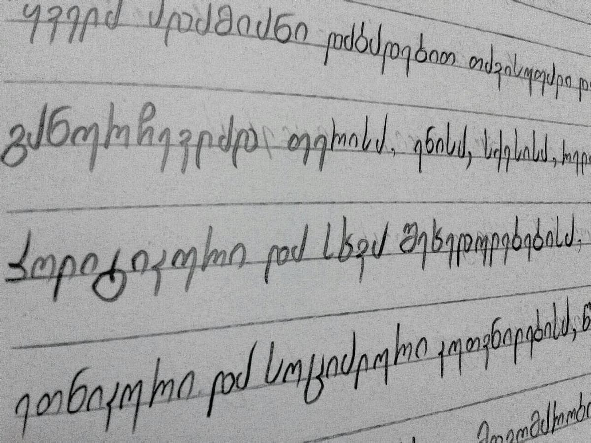 Close-up of four lines of Georgian written in pencil on ruled paper in a rounded, joined modern hand