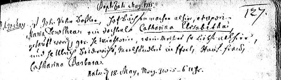 Compact parish register entry in eighteenth-century German Kurrent recording a baptism, with the date in the left margin and a page number at the top right