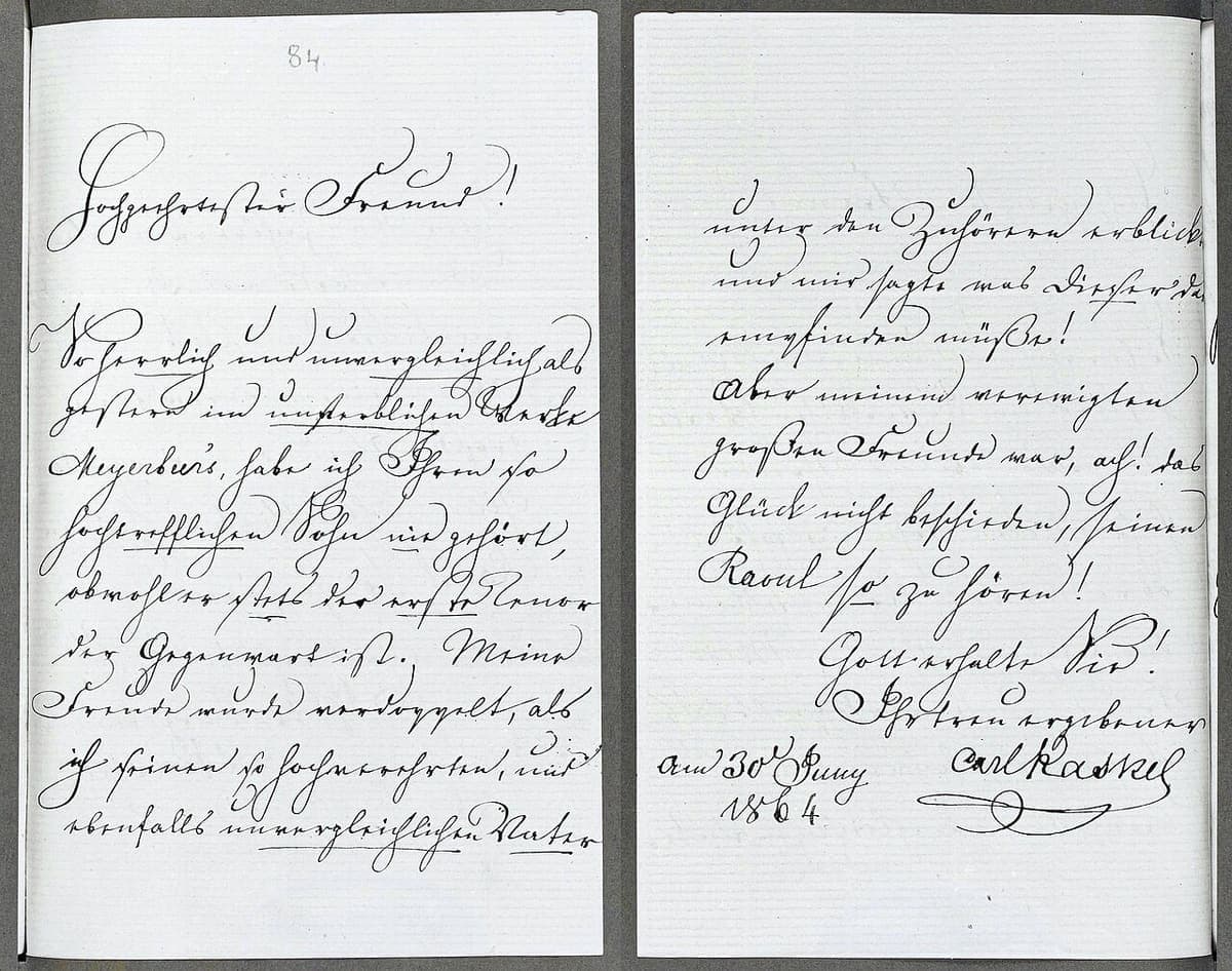 Two facing pages of a private letter in elegant nineteenth-century German Kurrent, signed at the bottom of the right-hand page