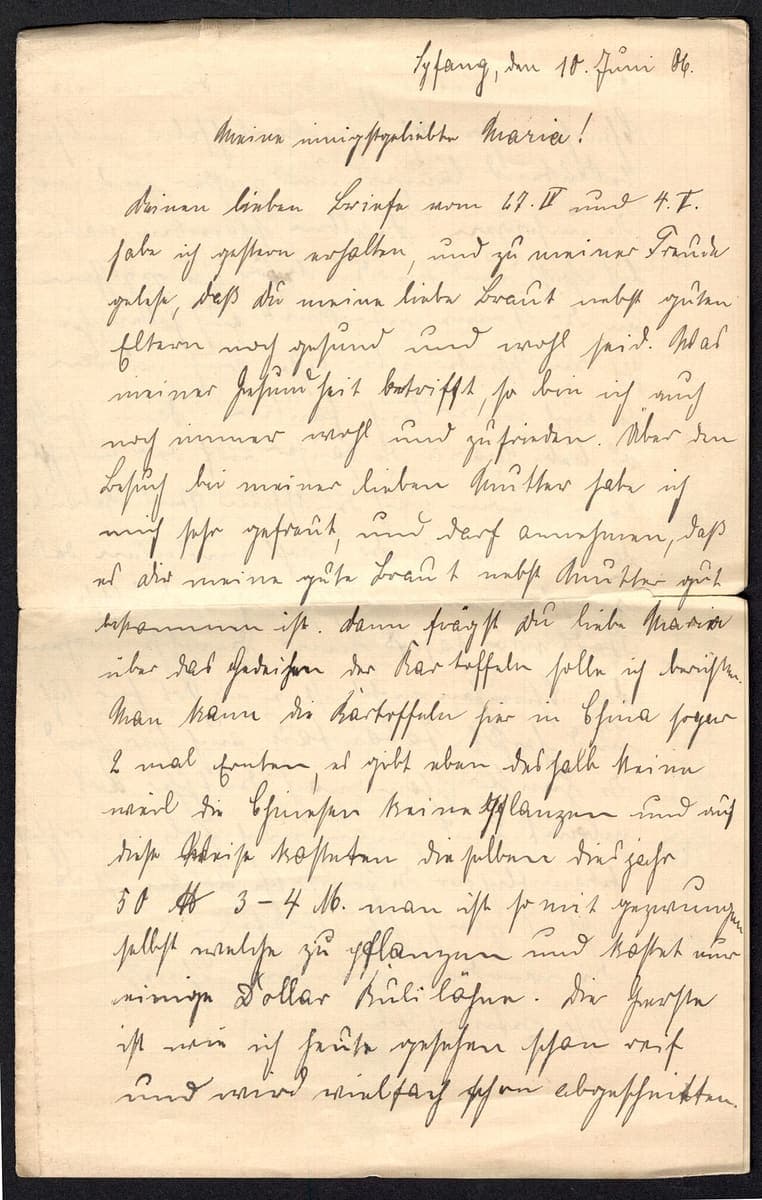 First page of a personal letter in early twentieth-century German Kurrent on plain unruled paper, dated and headed with an affectionate salutation