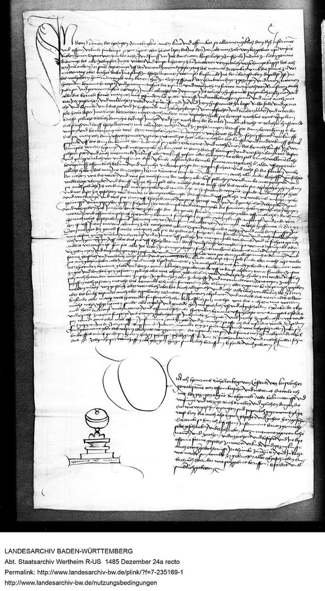 Notarial parchment deed in dense German chancery cursive with a large calligraphic opening flourish and a hand-drawn notarial signum at the bottom