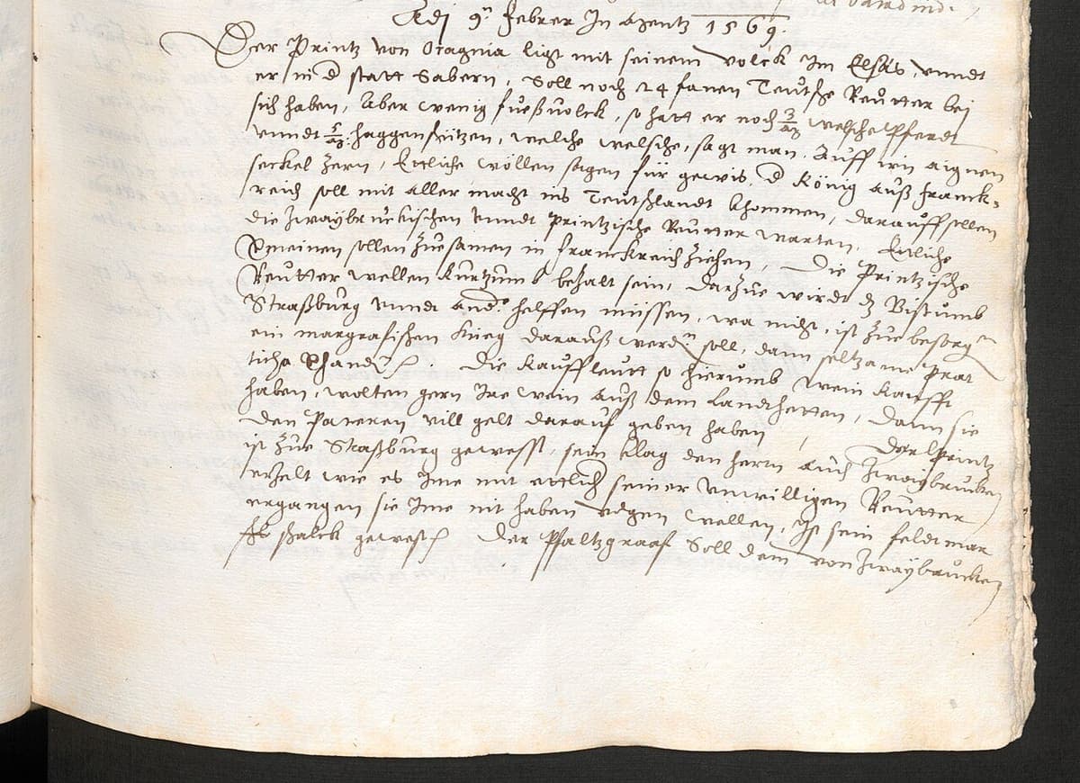 Lower half of a manuscript newsletter leaf: a centred dateline reading 9 February 1569, then twenty-odd lines of fast German secretary cursive, with the foot of the page left blank