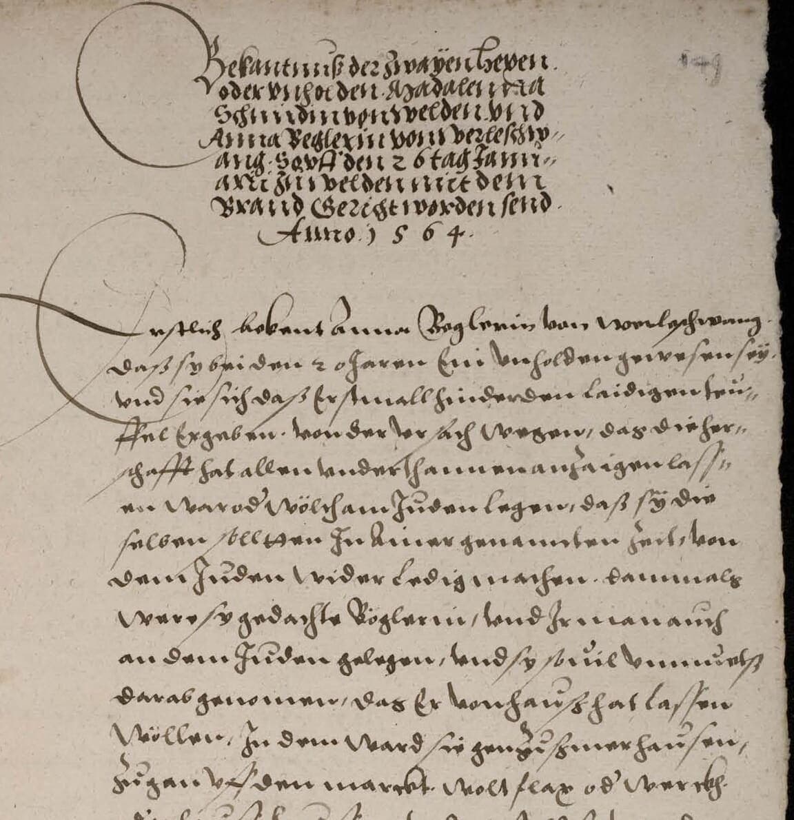 Manuscript leaf whose eight-line heading is written in an upright display chancery script beside two sweeping pen loops, above a long confession in fast German cursive
