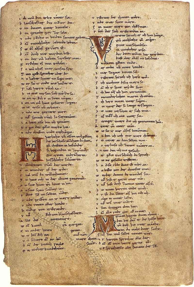 Two-column manuscript page of Gottfried von Strassburg’s Tristan in Gothic book hand with three large decorated initials