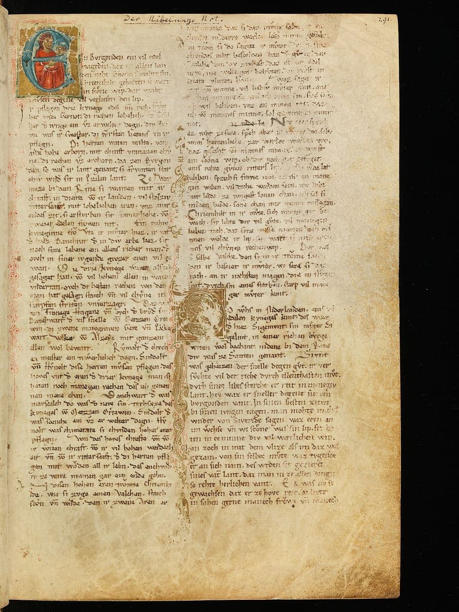 Two-column manuscript page of the Nibelungenlied with a small historiated initial of a young woman holding a bird, and dense Gothic minuscule text