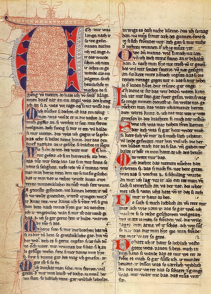 Codex Manesse text page with a large decorated initial letter and a run of small red and blue strophe initials, filled with two columns of Minnesang verse