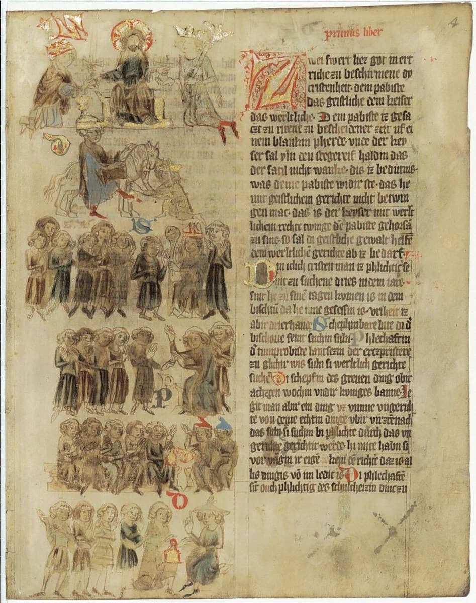 Illuminated manuscript page of the Sachsenspiegel with rows of small miniatures on the left and a column of Gothic cursive legal text on the right